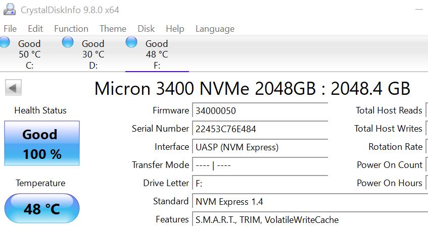 Micron 2TB NVMe SSD MTFDKBA2T0TFH Gen4 PCIe M.2 2280 High Speed SSD, 100% Health image 1