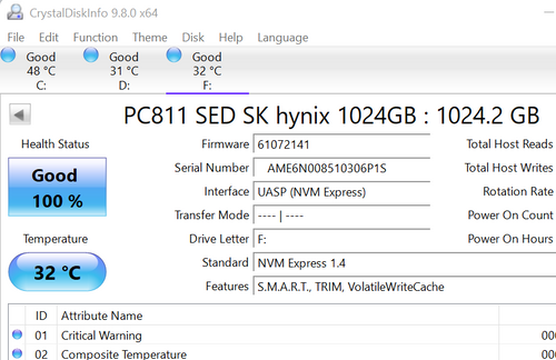 1TB SK hynix PC811 NVMe SSD PCIe Gen4 x4 M.2 2280 High Speed 1024GB 100% Health image 1